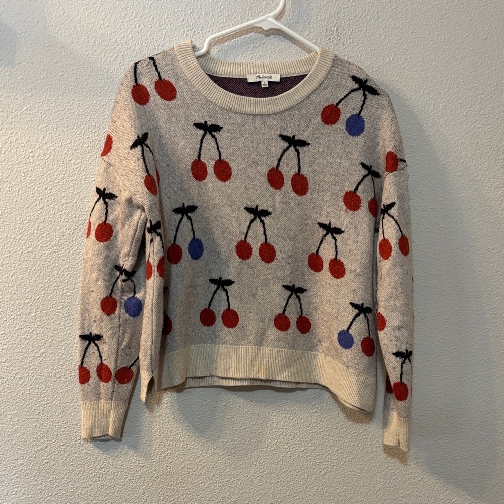Madewell Beige Sweater with Red and Blue Cherry Design